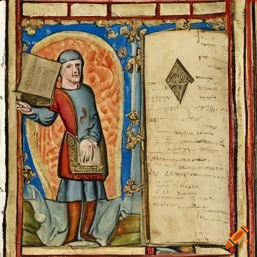A medieval messenger standing and reading from a parchment he is