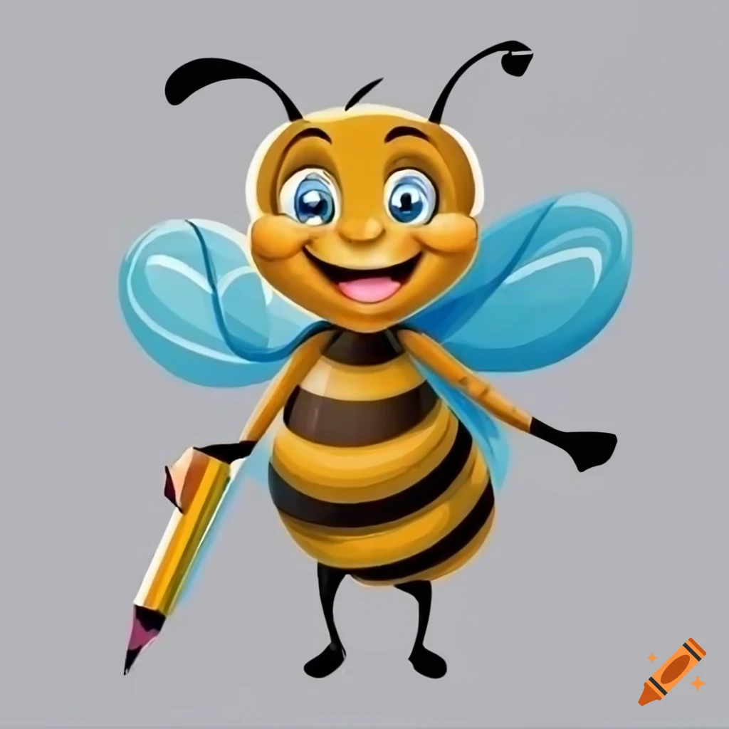 Cheerful cartoon bee holding a pencil on a white background on Craiyon