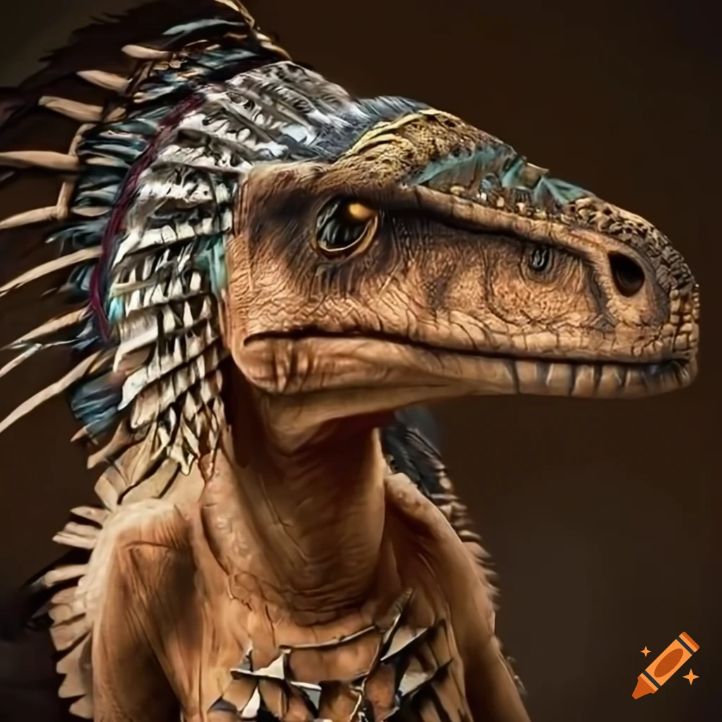 Sapient Raptor Velociraptor in tribal attire, high definition