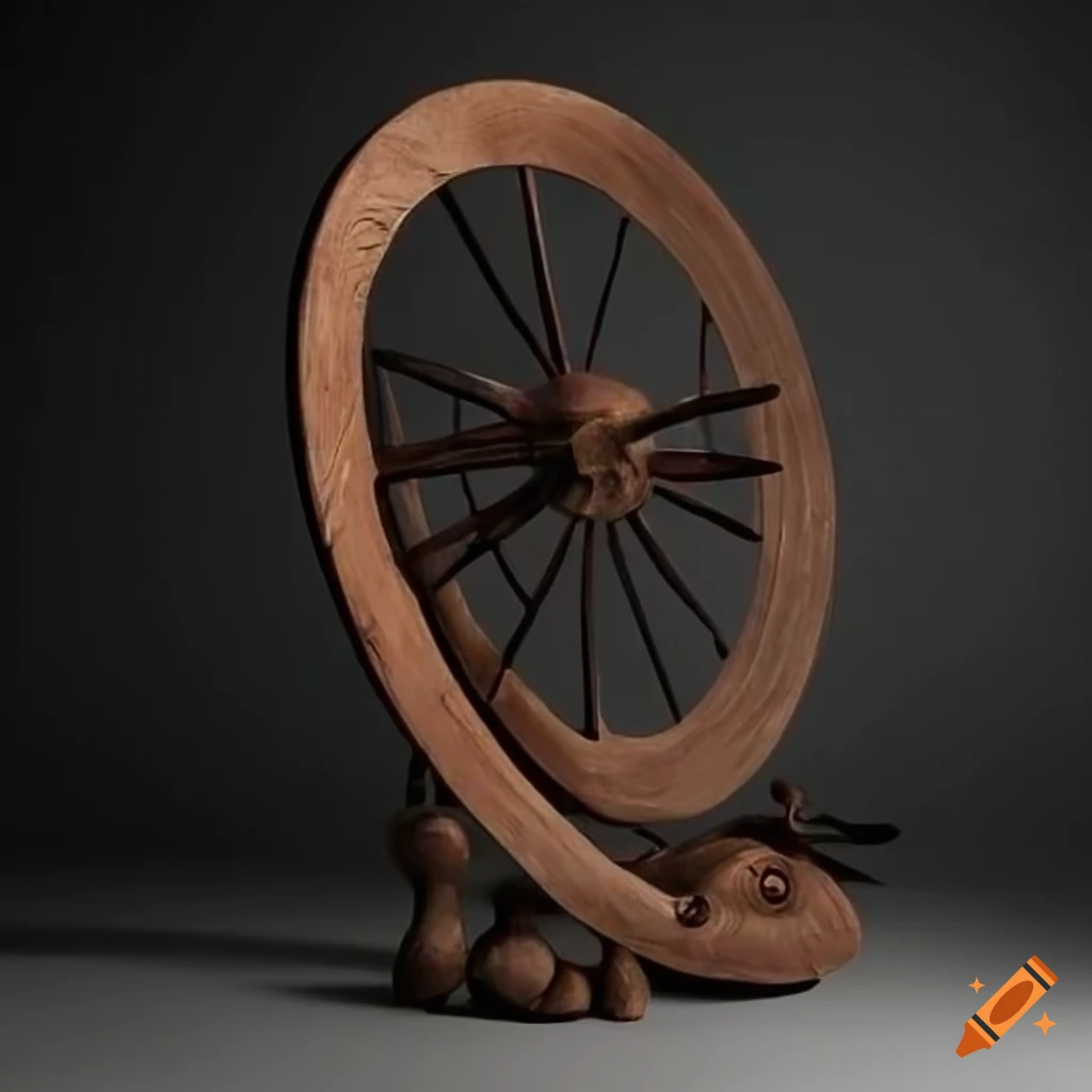 art installation, spinning wheel, spiral, black color, sculpture, pitchfork, axe, board, stone, pot, tong, shovel, bridle, metal, apocalypse
