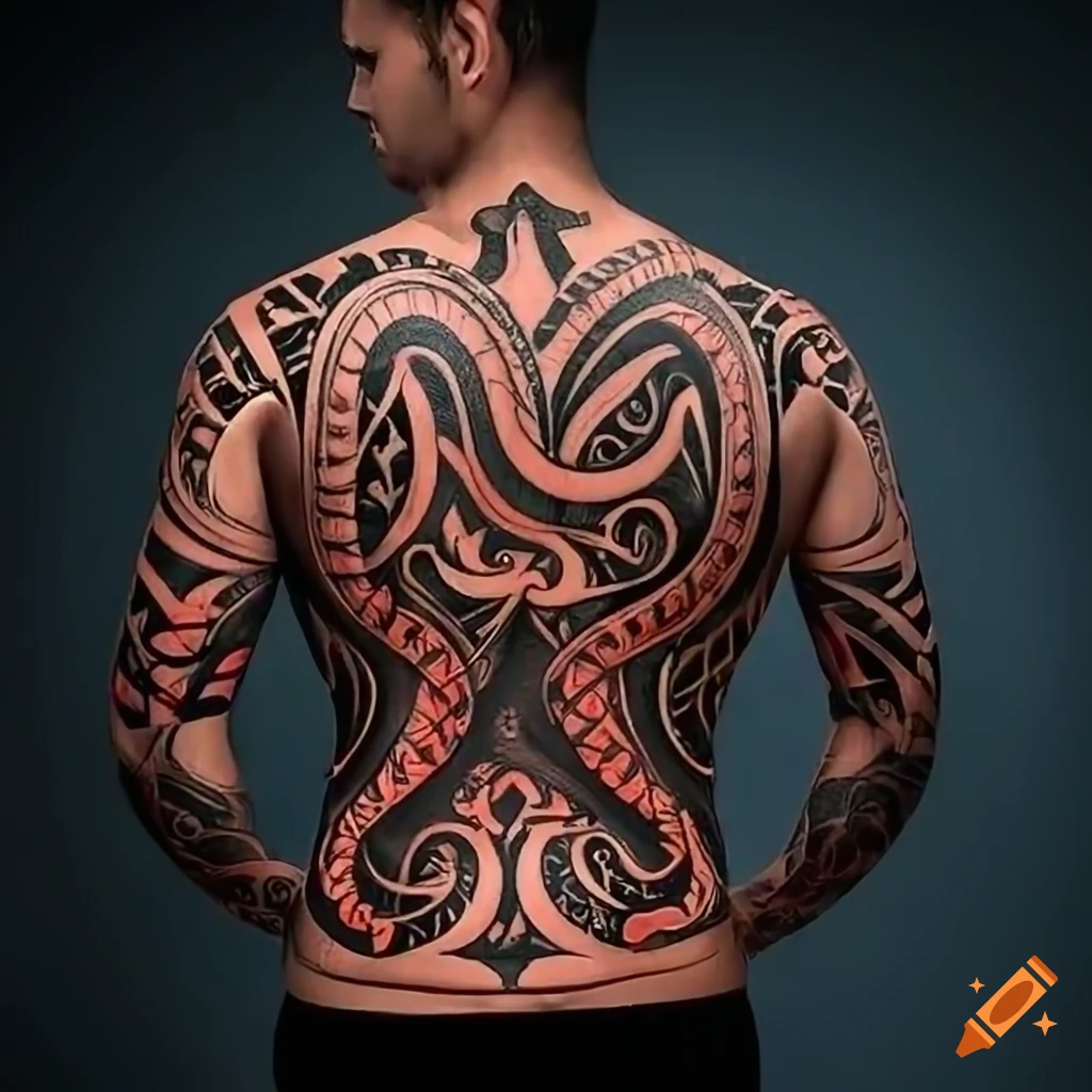 Intricate male maori tribal-style back tattoo design featuring a 3d snake  on Craiyon