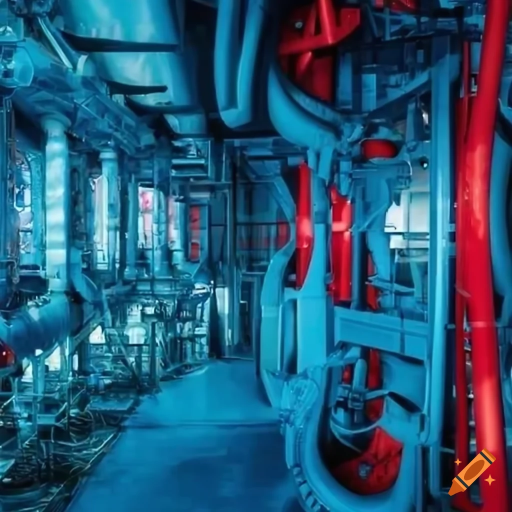 Large futuristic colourful mechanical food factory interior