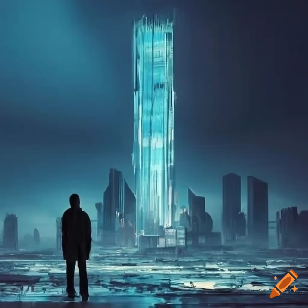 A man standing at the edge of a tall building in a futuristic city on ...