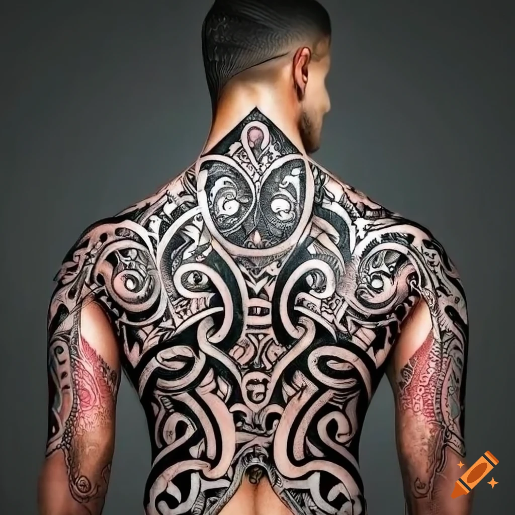 Intricate male maori tribal-style back tattoo design featuring a