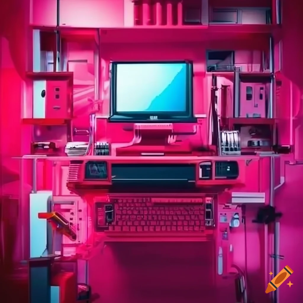 A hightech garage filled with computer equipment in pink and red on