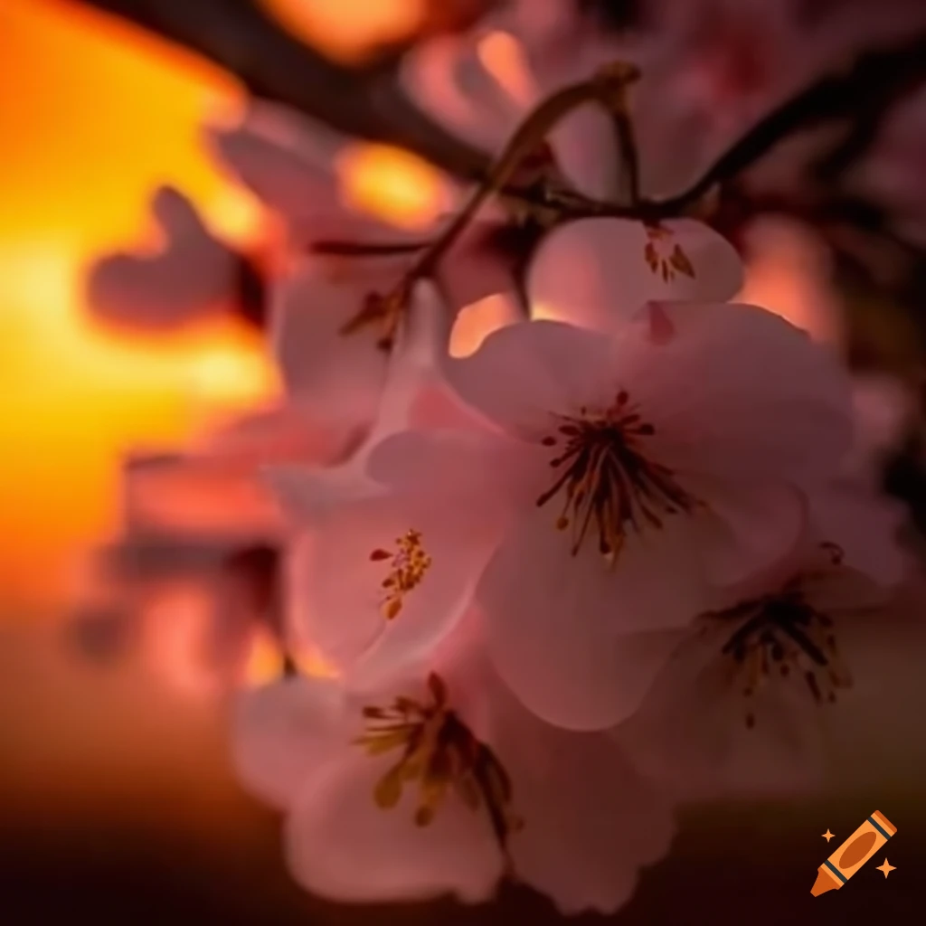 A serene cherry blossom tree on a sunset-lit island on Craiyon