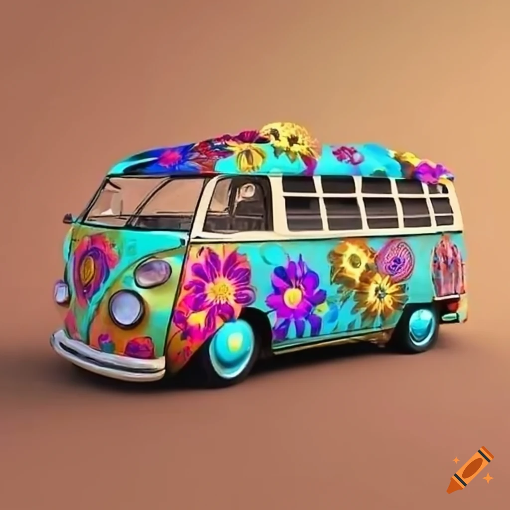 Can you create a hippie vw bus with vibrant colors and flowers painted on  it on Craiyon