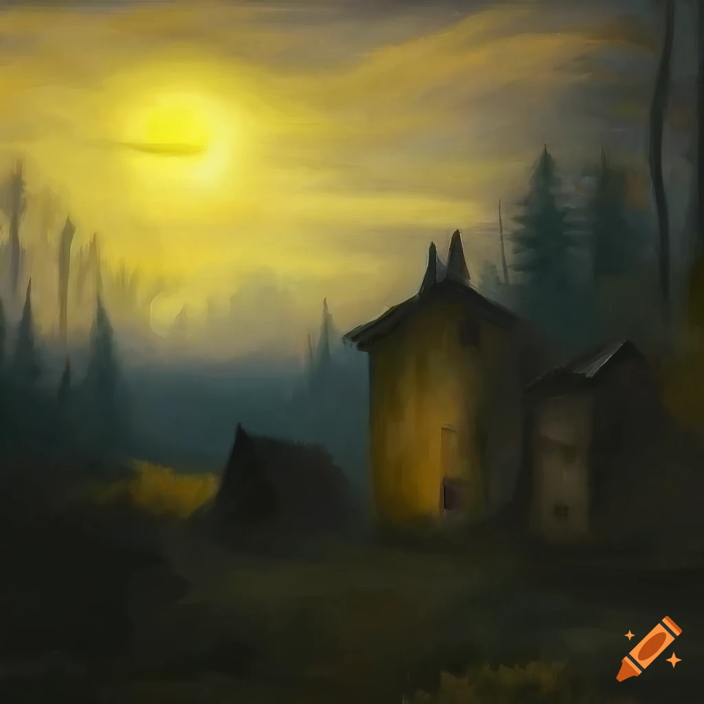 dark fantasy oil painting of a village surrounded by a forest, with a yellow sun and a pitch black sky