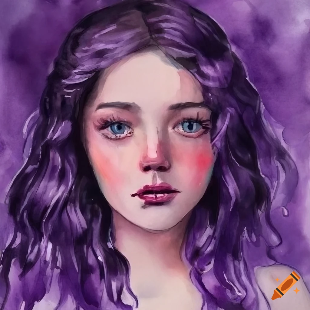 A watercolor painting of a girl with long black wavy hair wearing her ...