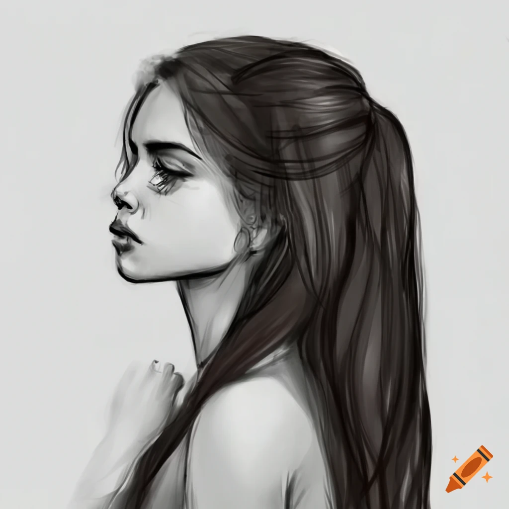 Drawing of a girl with brown hair in side-view that looks dreamy