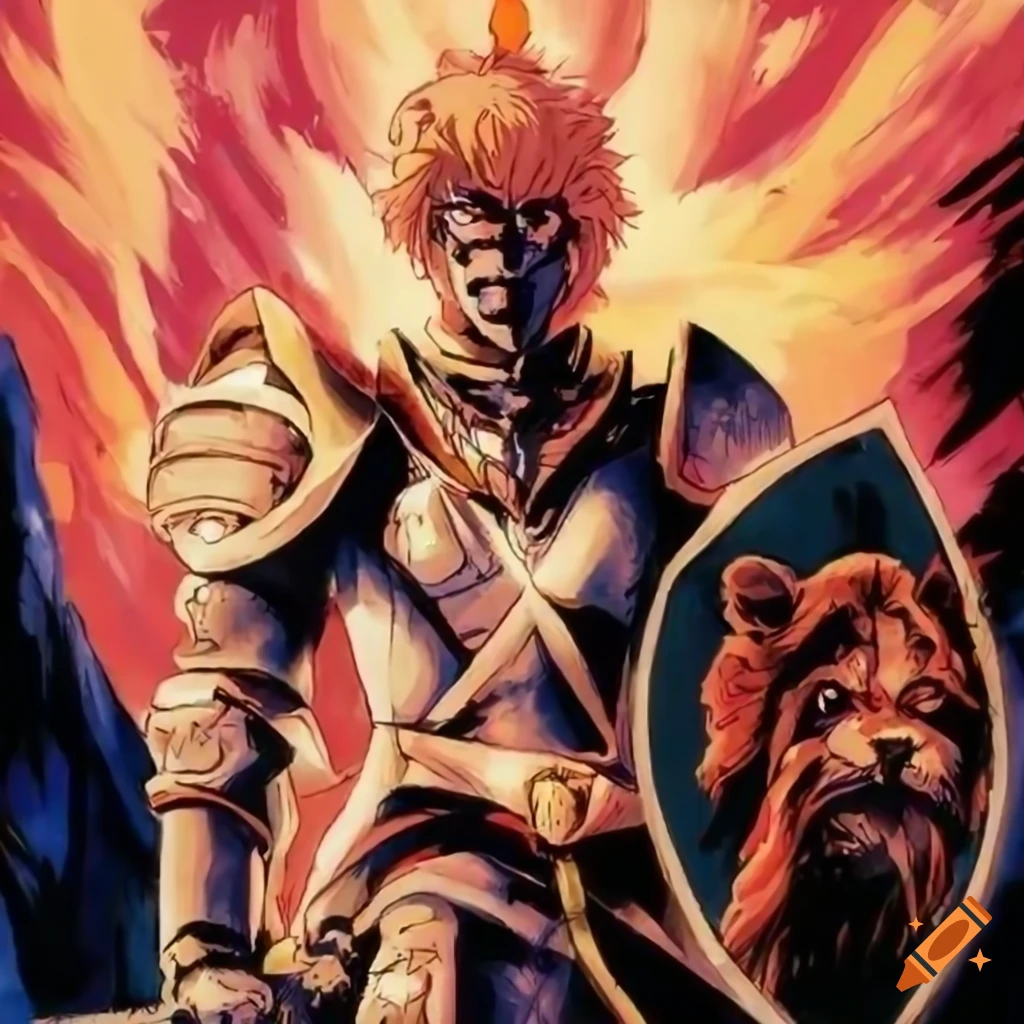 Professional 90's manga, professional 90's manga, a humanoid good majestic  holy paladin with the head of a lion, lion head, over white flat  background, vibrant colors, gritty and noisy soft shadows, dramatic