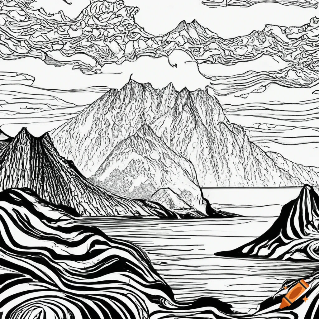black and white coloring page of koolau mountains in hawaii