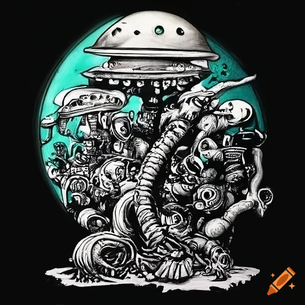 Joe Fenton drawing decor scene black and white microcosme many creatures surrealist aliens objects musical ufo king robots