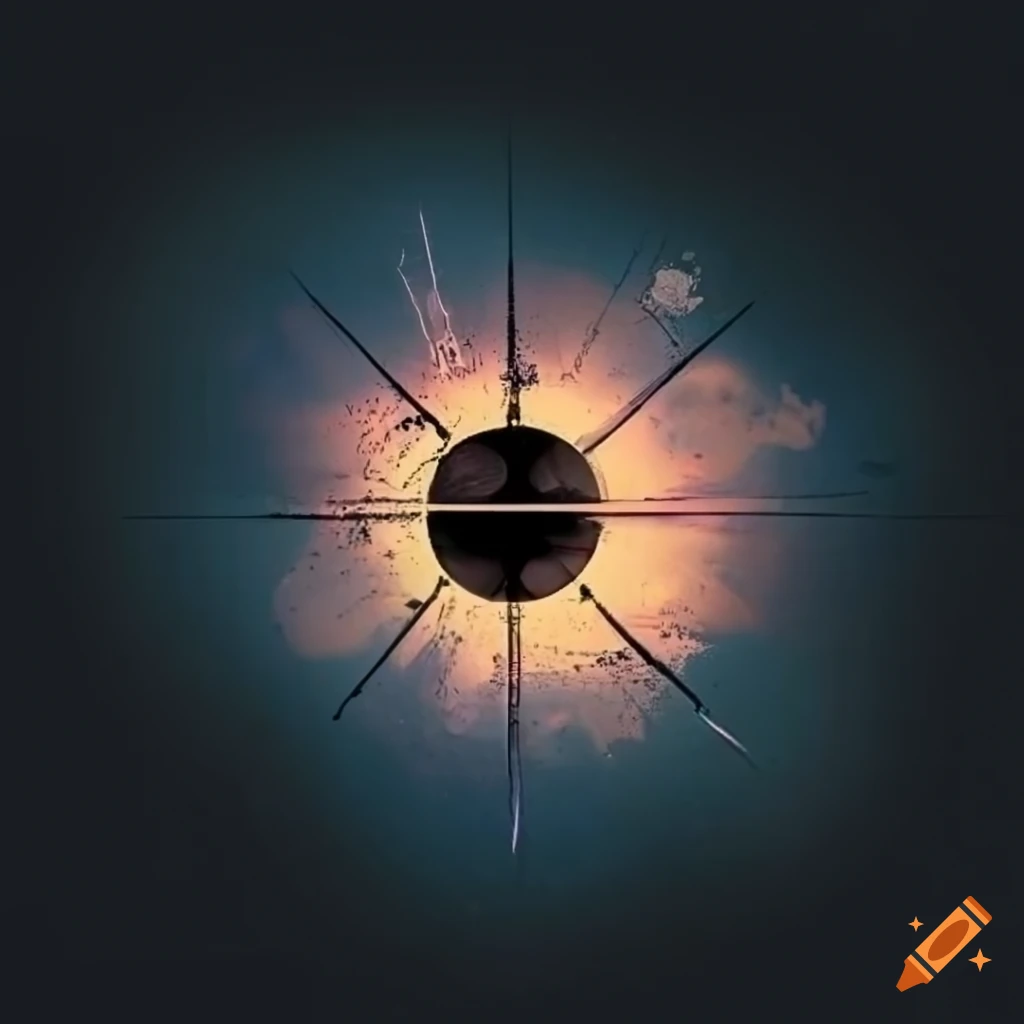 a minimalist black sun symbol surrounded by fantasy elements