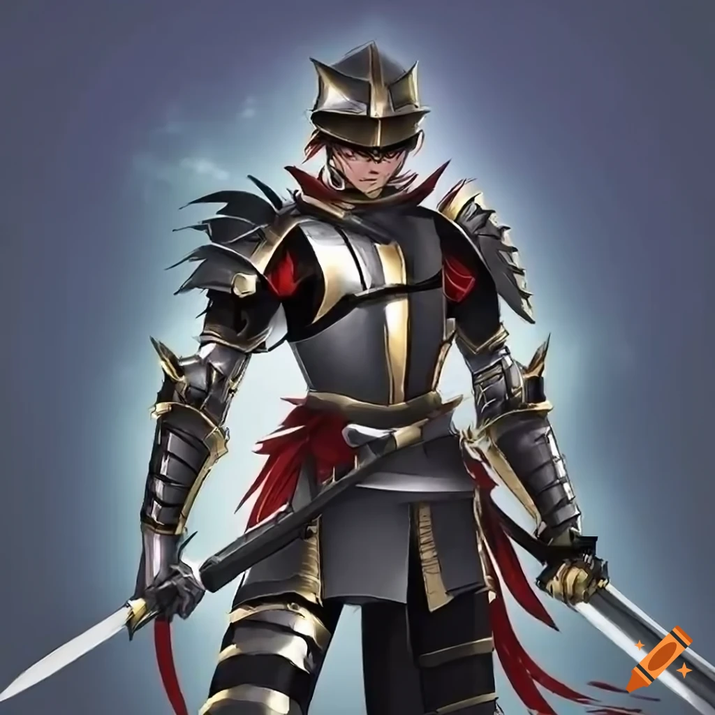 White-haired male anime character, known as the golden knight, with short  hair covering eyes, donning golden armor and sword, striking a combat pose,  and having short hair, full body picture