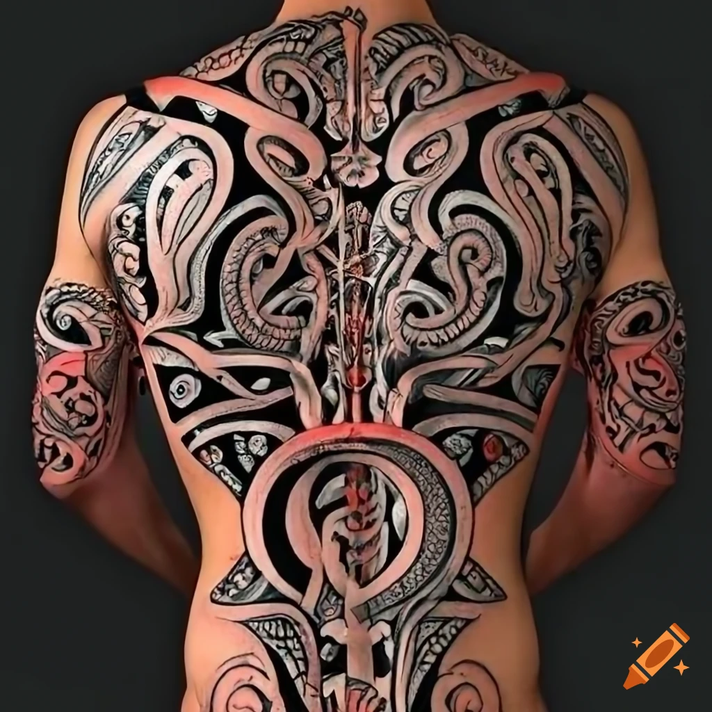 Intricate male maori tribal-style back tattoo design featuring a 3d snake  on Craiyon