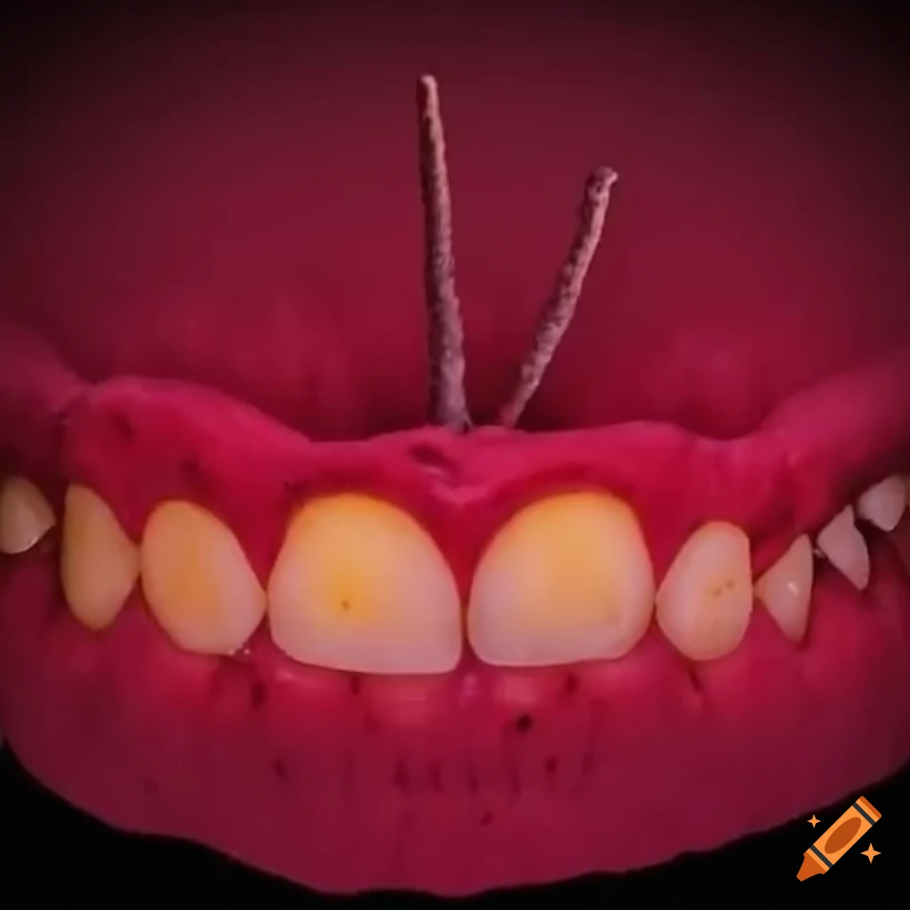 Deep red gums with yellow stained teeth on Craiyon