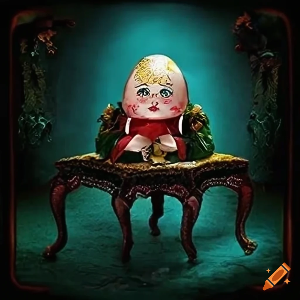 Alice au pays des merveilles all personnages décor chenille table funée  dark magic dumpty card queen fantastic dar dumpty card queen fantastic dar  fumée plantes fleurs papillons rabit humpty on Craiyon, image size:1024x1024