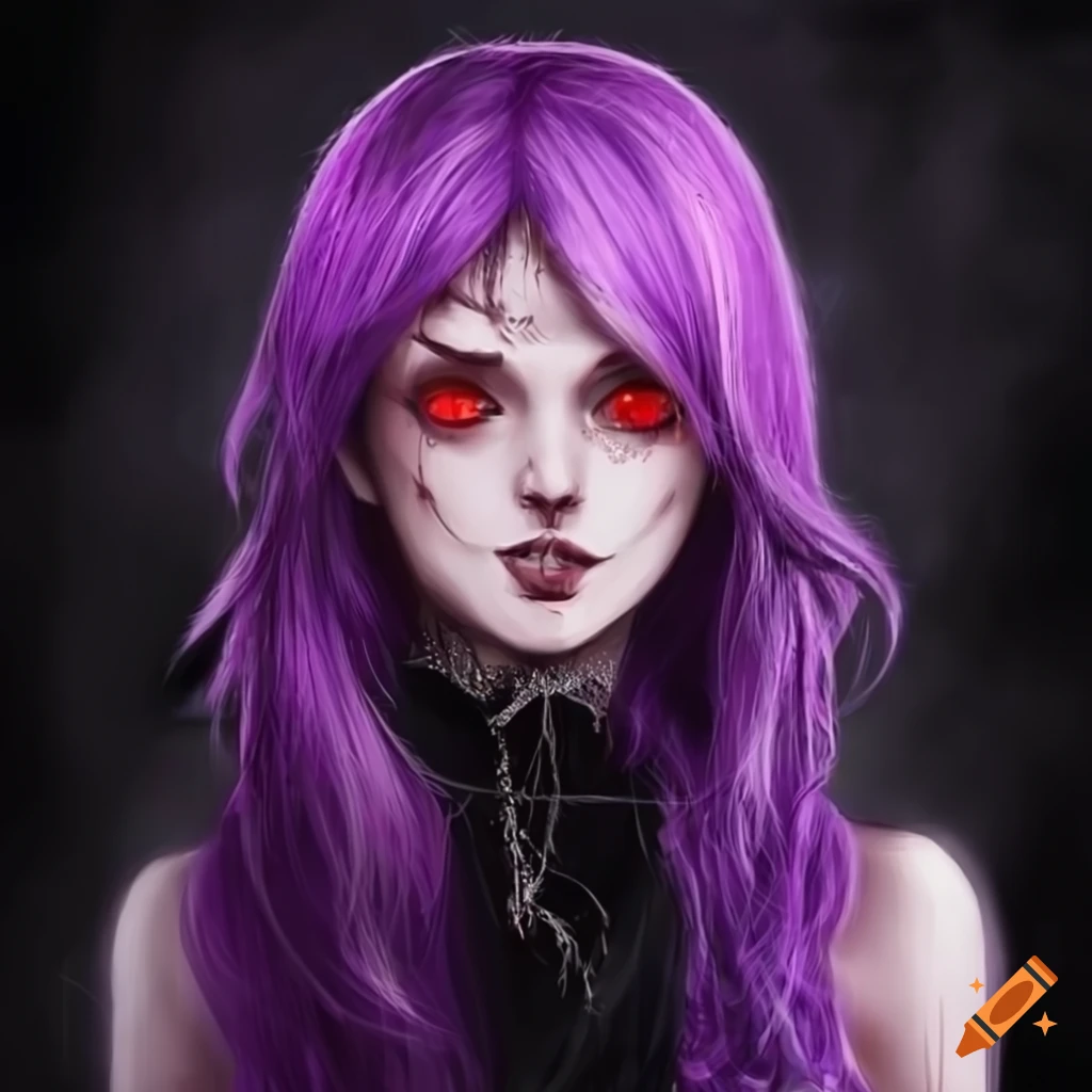 Witch with purple hair and red eyes wearing a long black dress with a ...