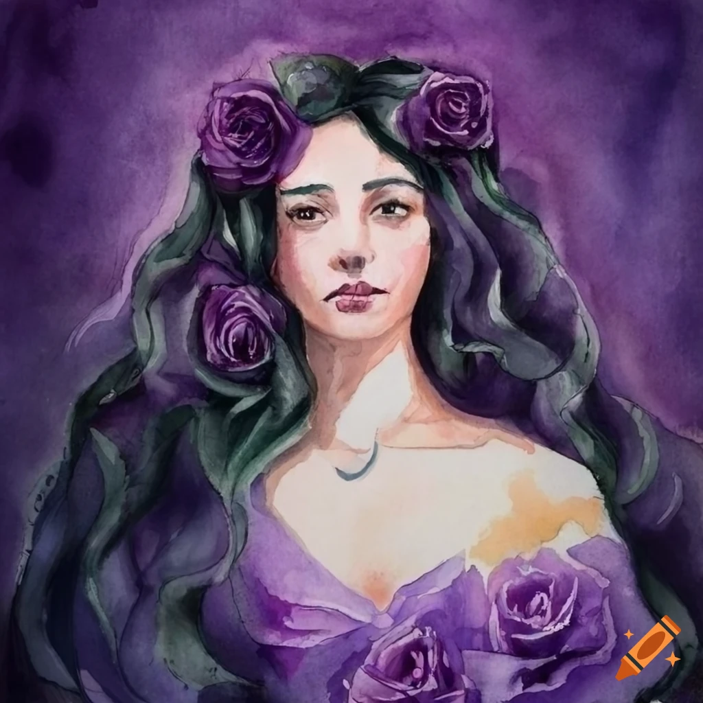 A watercolor painting of a woman with long wavy black hair, purple ...