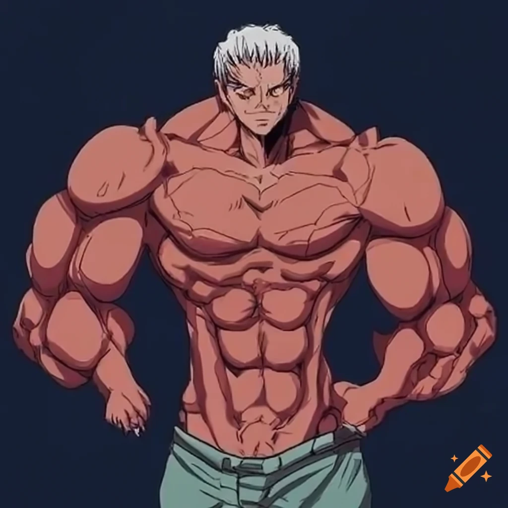 Buff Man Anim A man with enormous muscles, anime, harsh outline, detailed on Craiyon