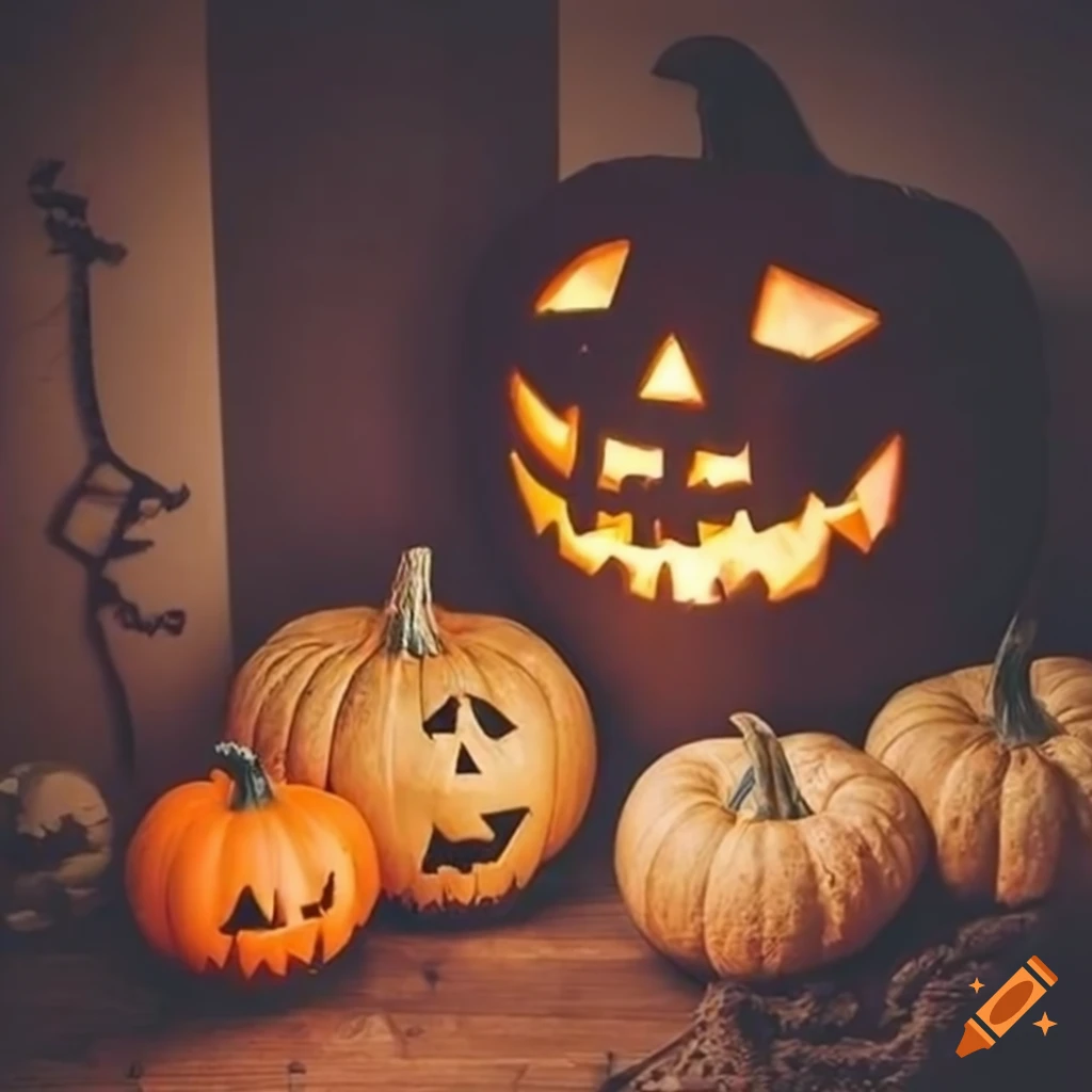 Cozy home with the most popular halloween decoration with pumpkins on