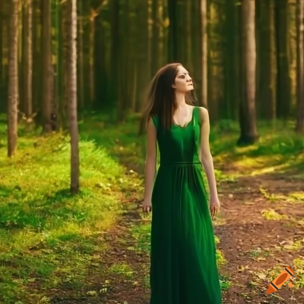 Young woman in a long green dress walking in a forrest on a sunny day on  Craiyon