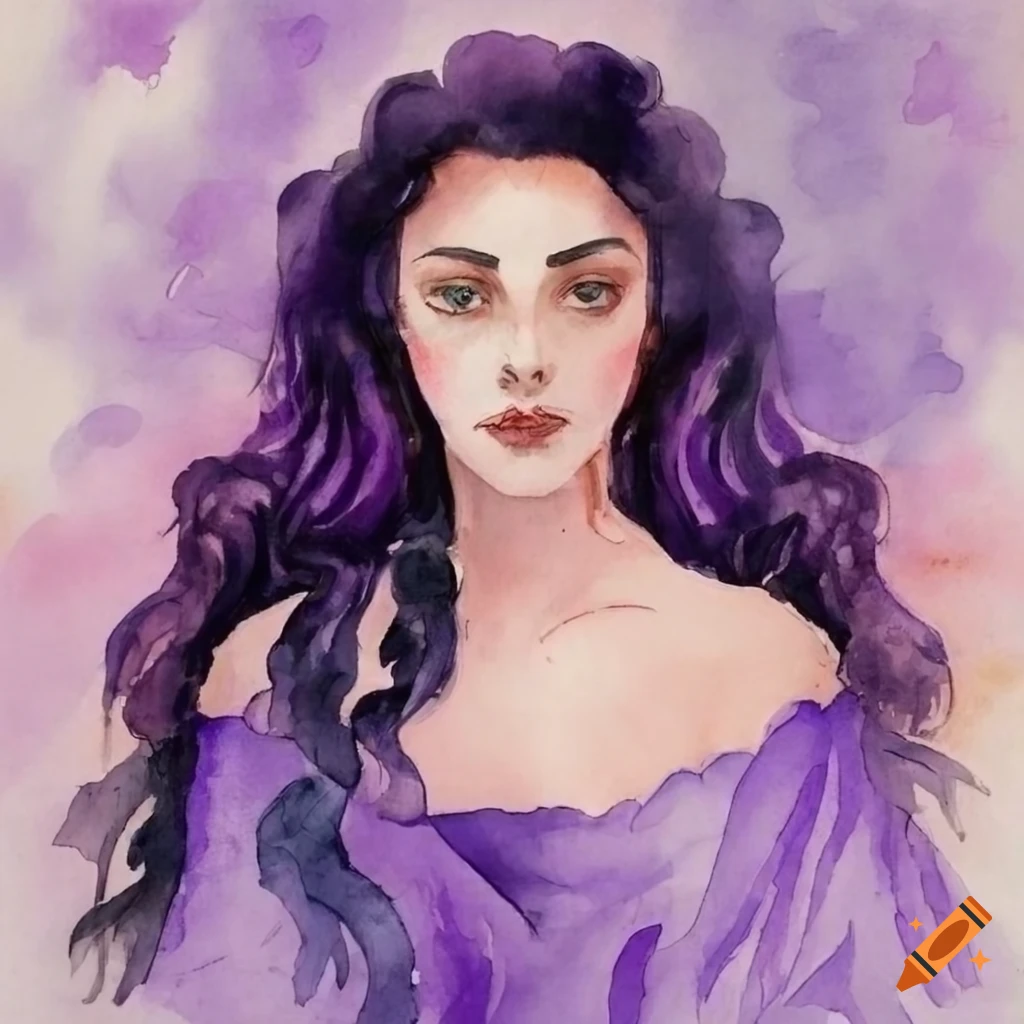 A watercolor painting of a woman with black wavy hair wearing her ...