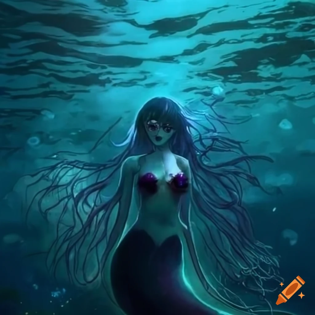 mermaid siren lady swimming in the sea to the surface with bubble and fish  under the sea scenery anime wallpaper hig definition Stock Illustration