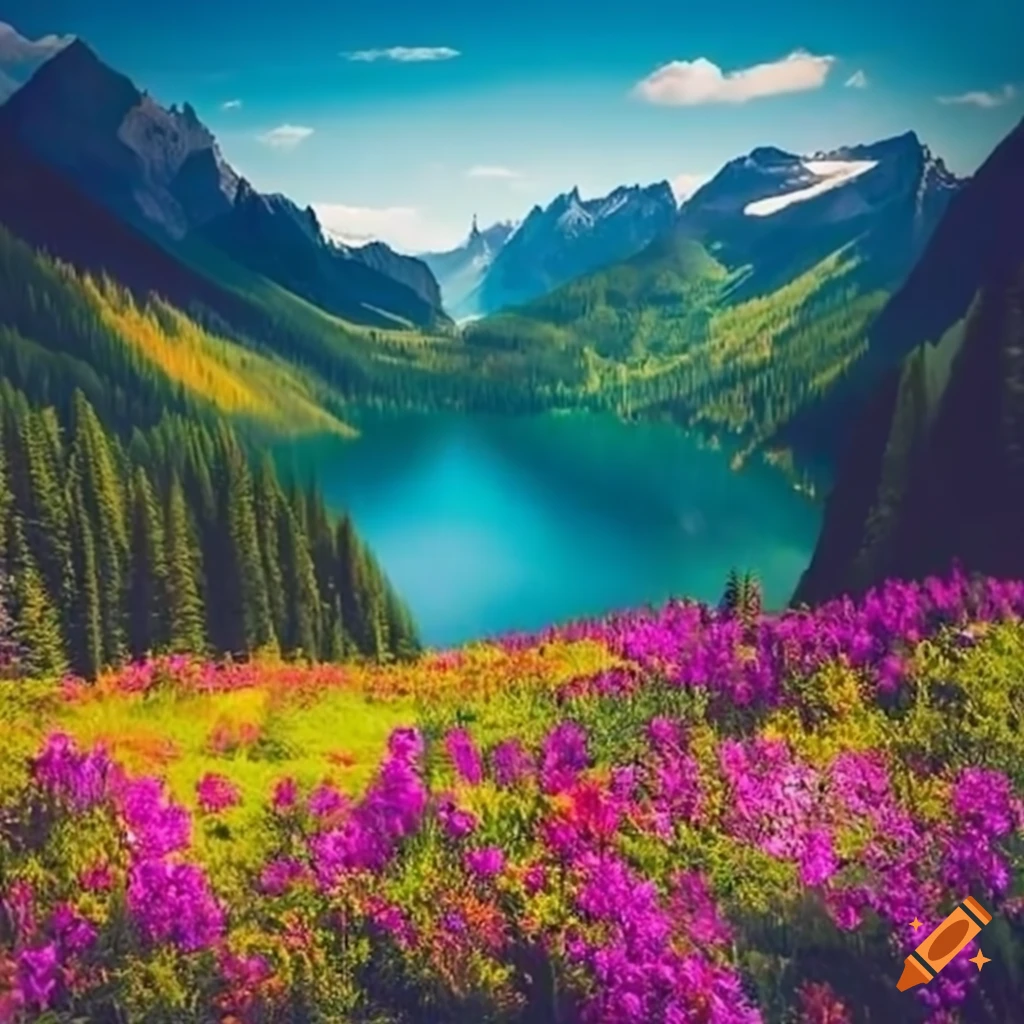 Breathtaking mountain landscape with a pristine lake and vibrant flowers