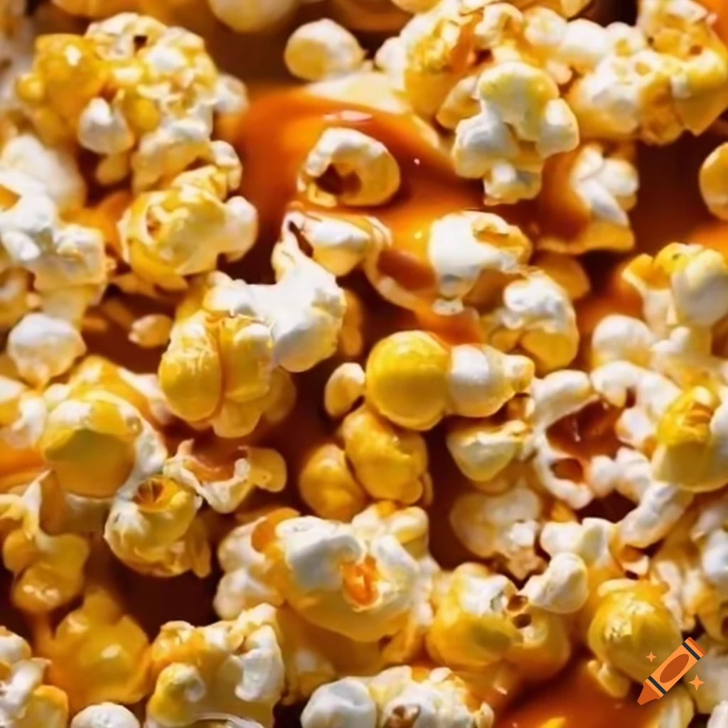 Butter popcorn with drizzle of caramel sauce and sprinkle of coconut flakes