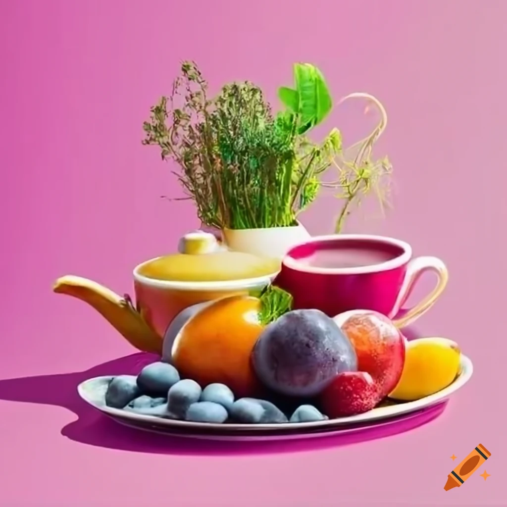 A colorful display of coffee / tea ingredients including fresh fruits