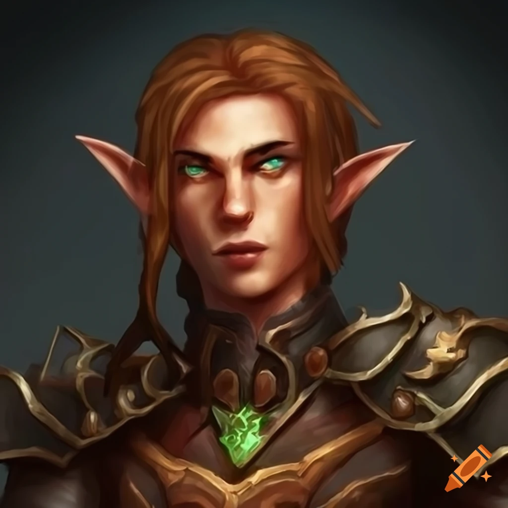 prompthunt: male wood elf cleric with copper skin, green eyes, and