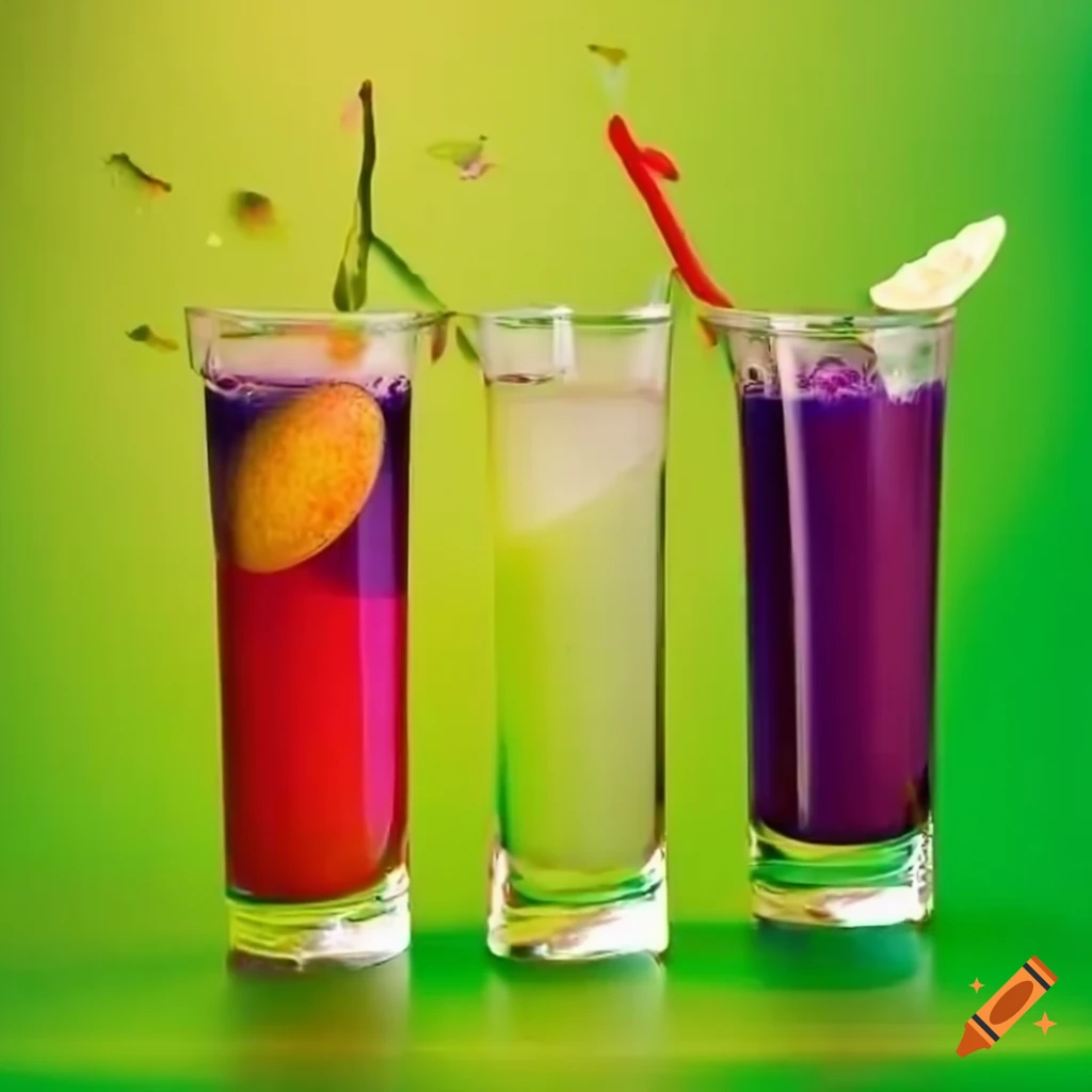 A colorful display of shot drink ingredients including fresh fruits and