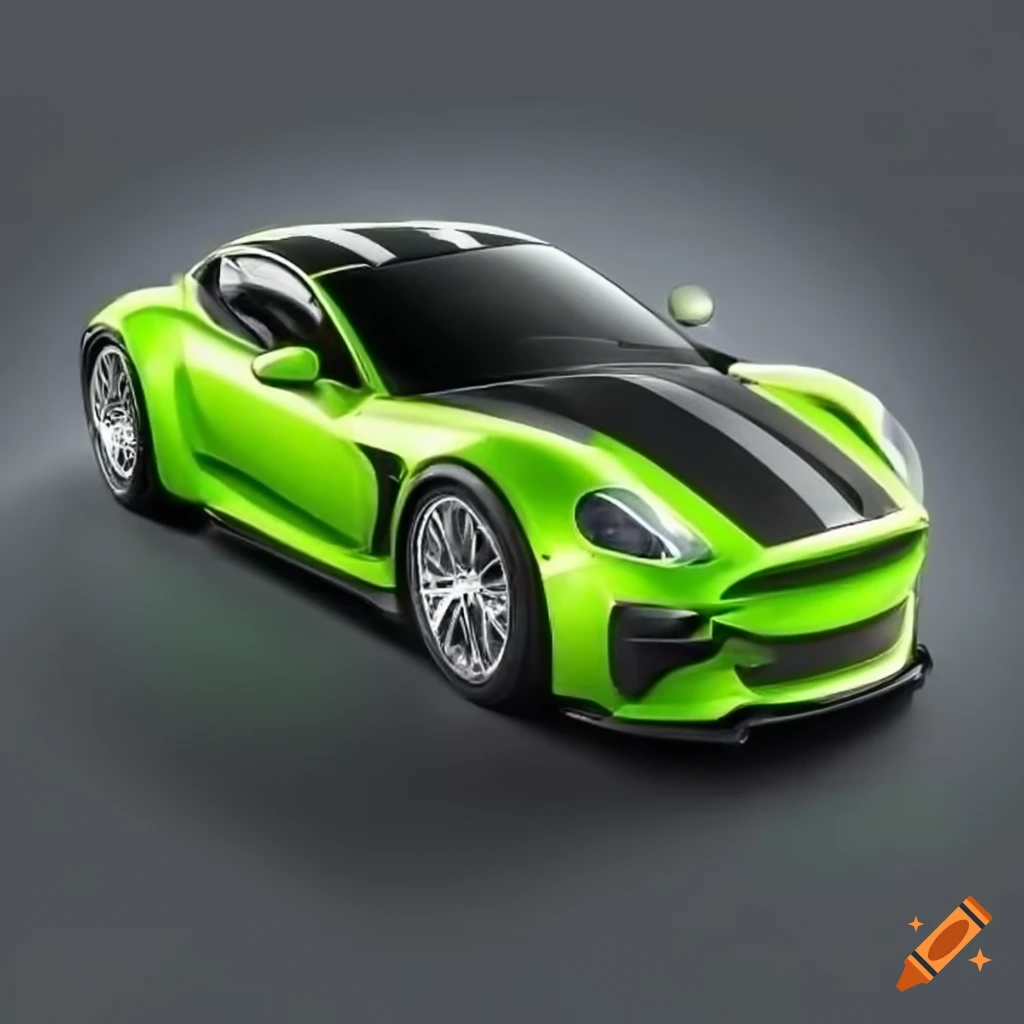 Lime green sports car with black stripes and a shield shaped badge with an  i inside the shield 3 quarter view with glowing lime green lights on Craiyon