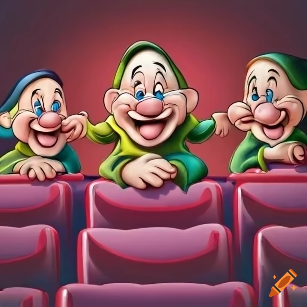Cartoon image of four dwarfs sitting on chairs in the cinema on Craiyon