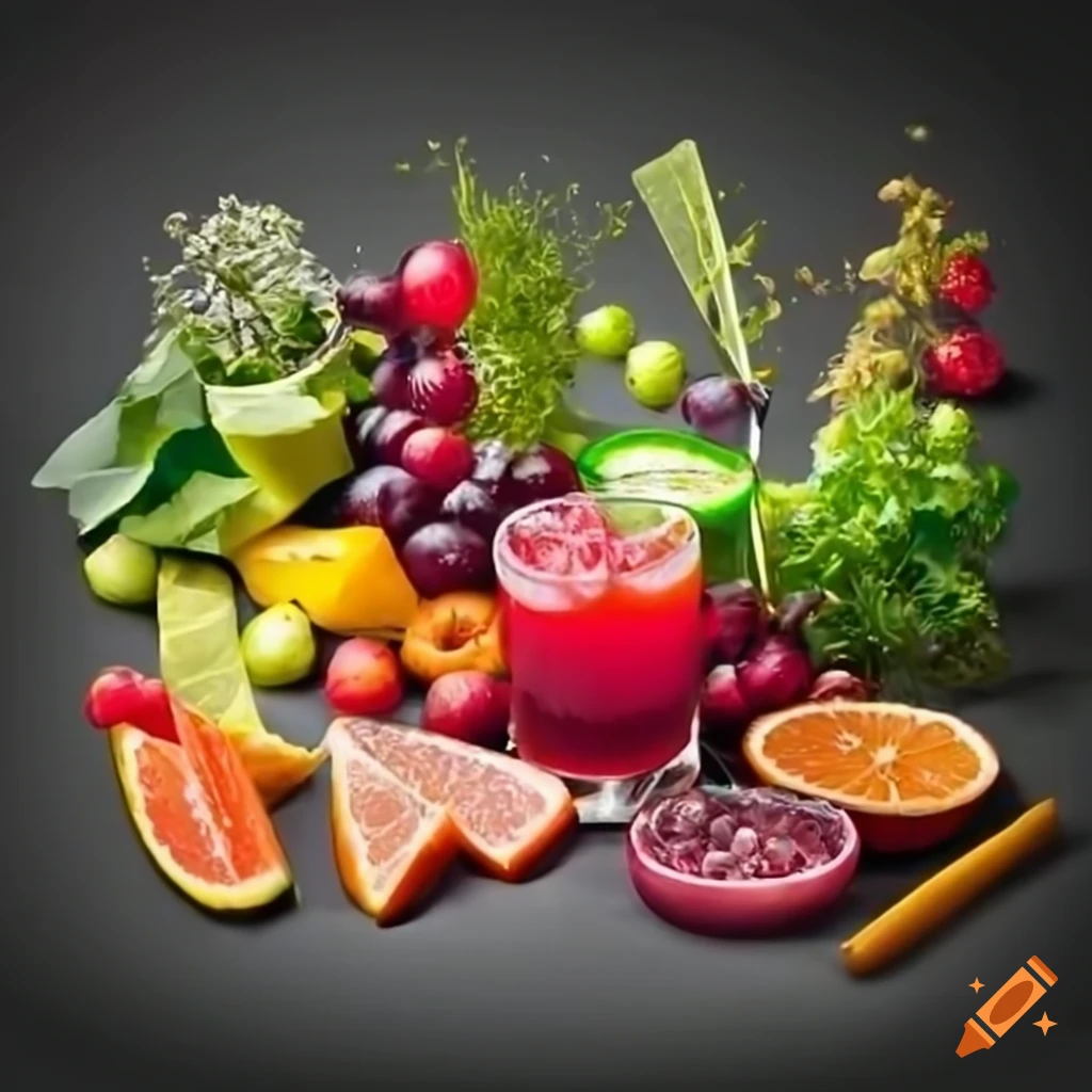 A colorful display of cocktail ingredients including fresh fruits and herbs