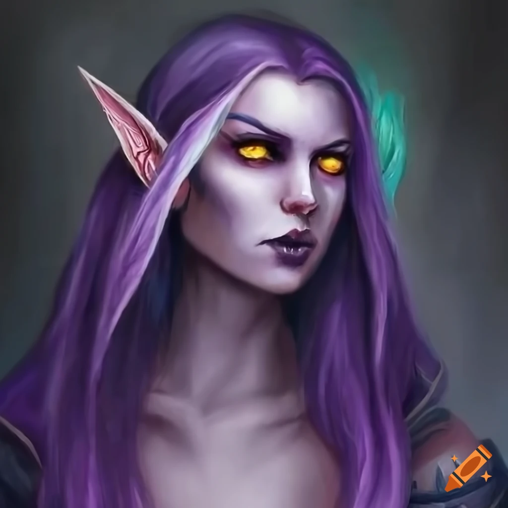 Night elf female from worlf of warcraft with long dark purple hair. Three vertical stripes tattoo from forehead across her eyes. White eyes. Wearing robe. Casting shadow spell