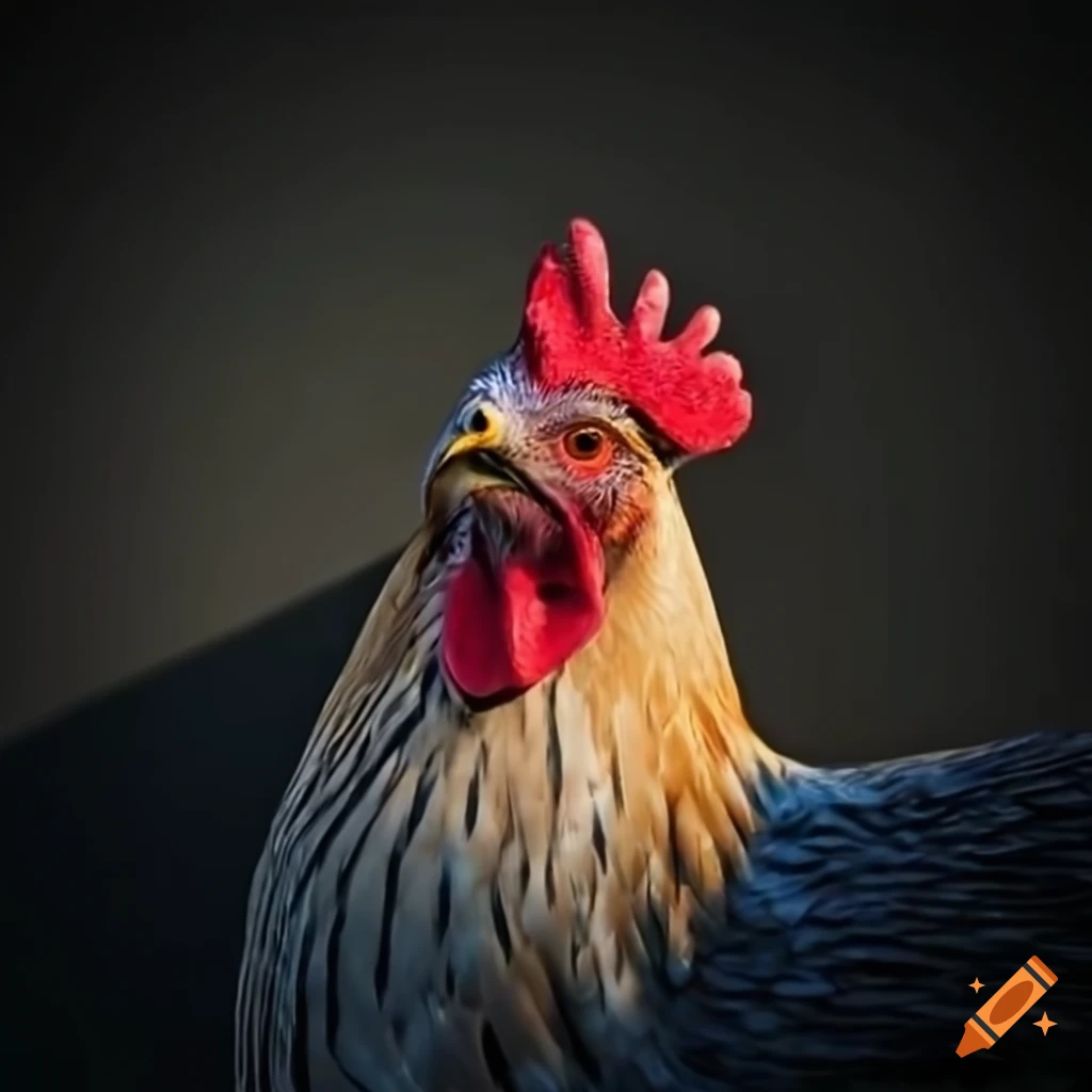 Crossed eyed chicken with a hawk shadow on wall behind it