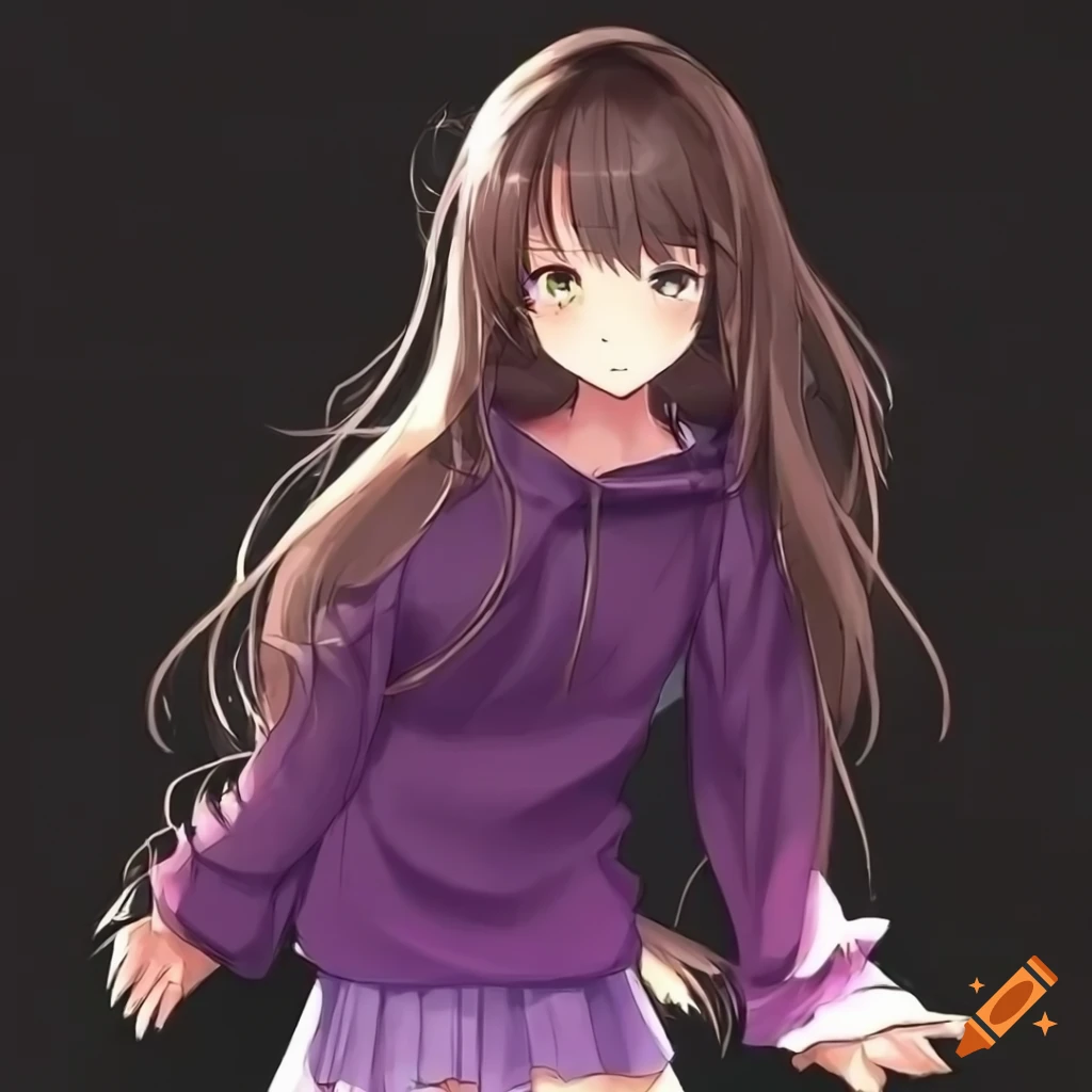 Anime girl with long brown hair, brown eyes, purple hoodie, and
