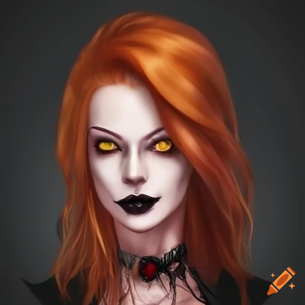 A ginger vampire lady, with yellow eyes, black lipstick, black makeup,  wearing an elegant black dress, giving a smile on Craiyon