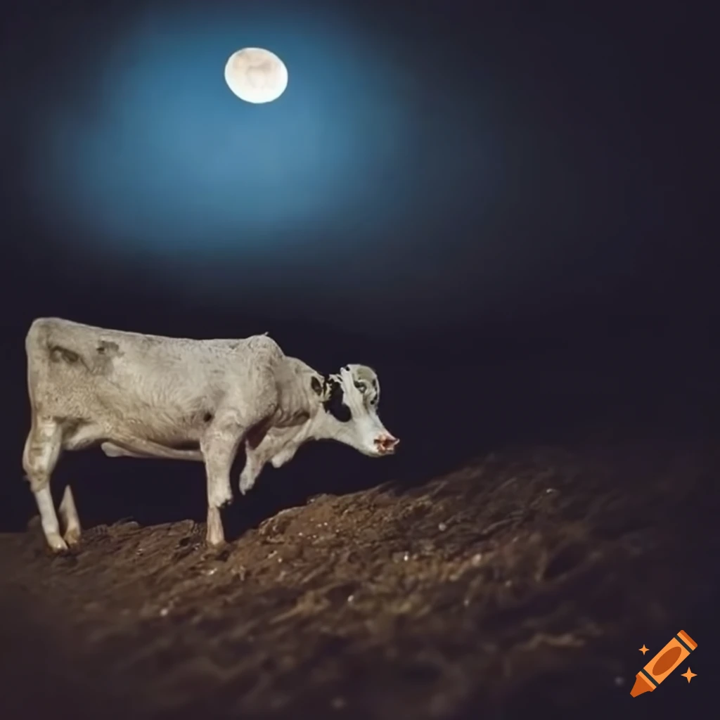 Tiny, sad angel inside a barn with cows at night, moonlight on Craiyon