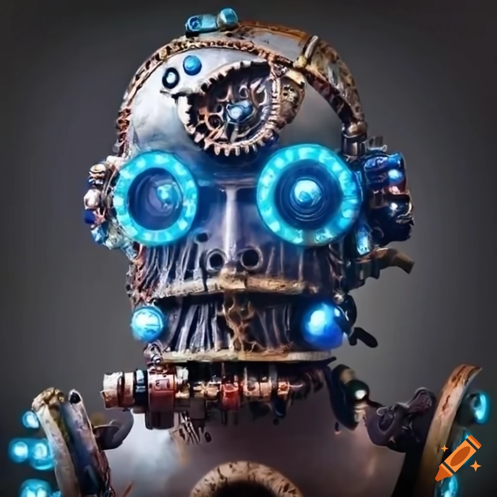 Electric broken steampunk robot head that has bright blue eyes that