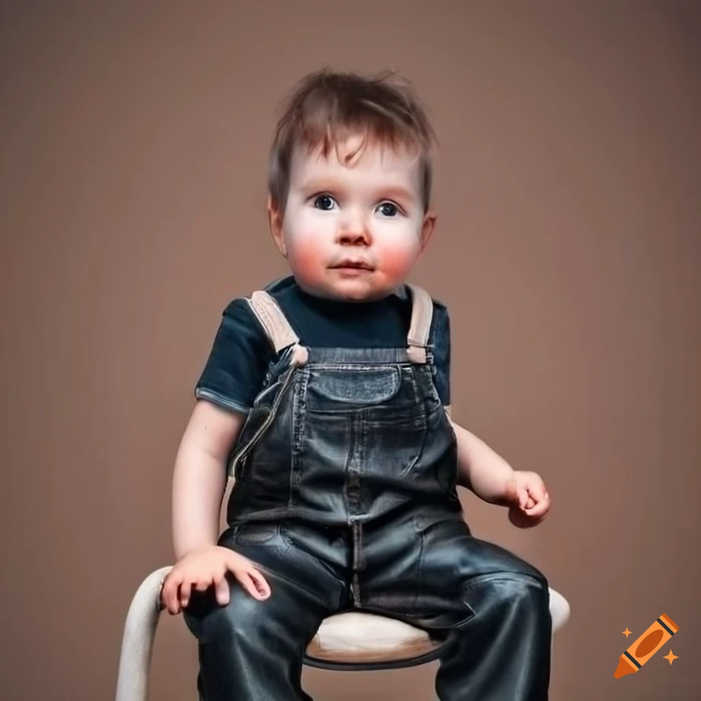 Toddler boy in very baggy black leather dungarees sitting on a chair ...
