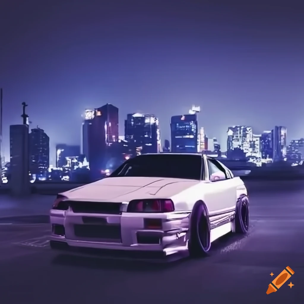 Nissan skyline r34 white at night in city side view on Craiyon
