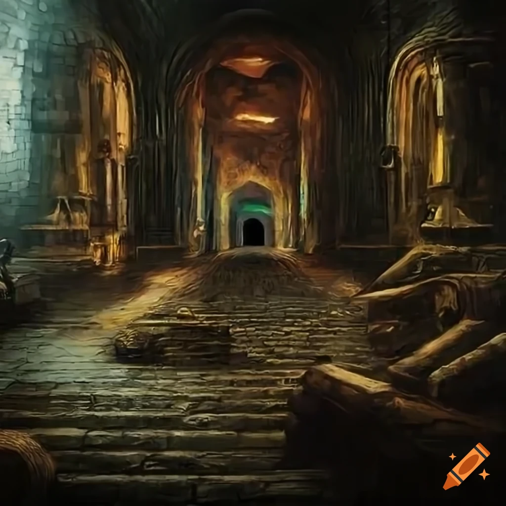 A High Quality Fantasy Painting Of A Huge Set Of City Gates Blocking An Underground Tunnel On