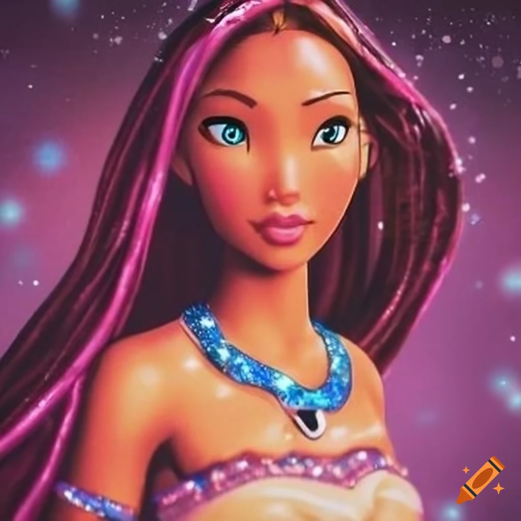 pocahontas as Barbie with blond hair with pink glitter t-shirt