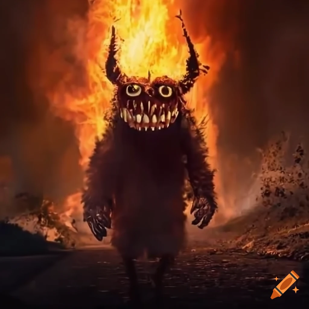 A smiling monster with huge eyes and teeth wreathed in flames walking on an  endless road in a stunning 8k quality