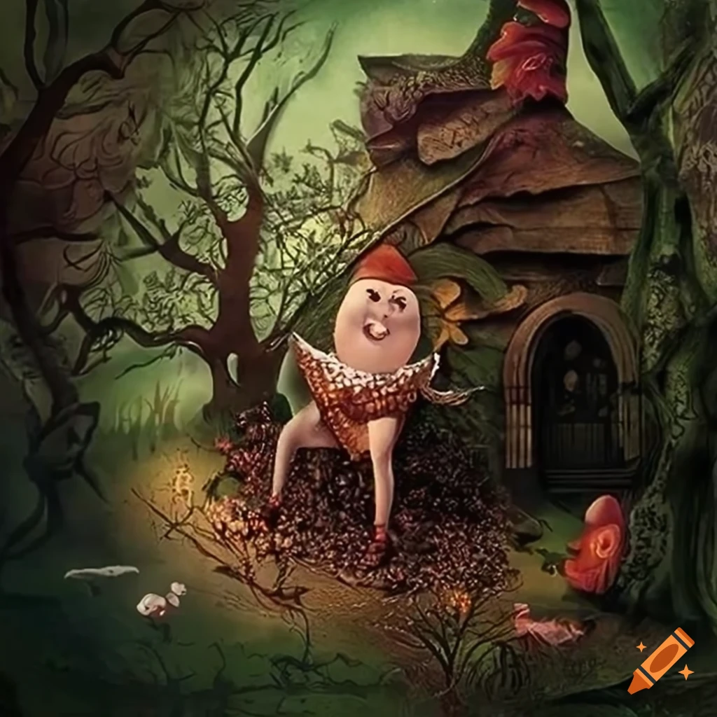 Lewis Carol Alice scene au pays des merveilles scenes forest card queen  fantastic fleurs papillons rabit humpty dumpty dark magic chenille funée  plantes card as queen fantastic on Craiyon, image size:1024x1024