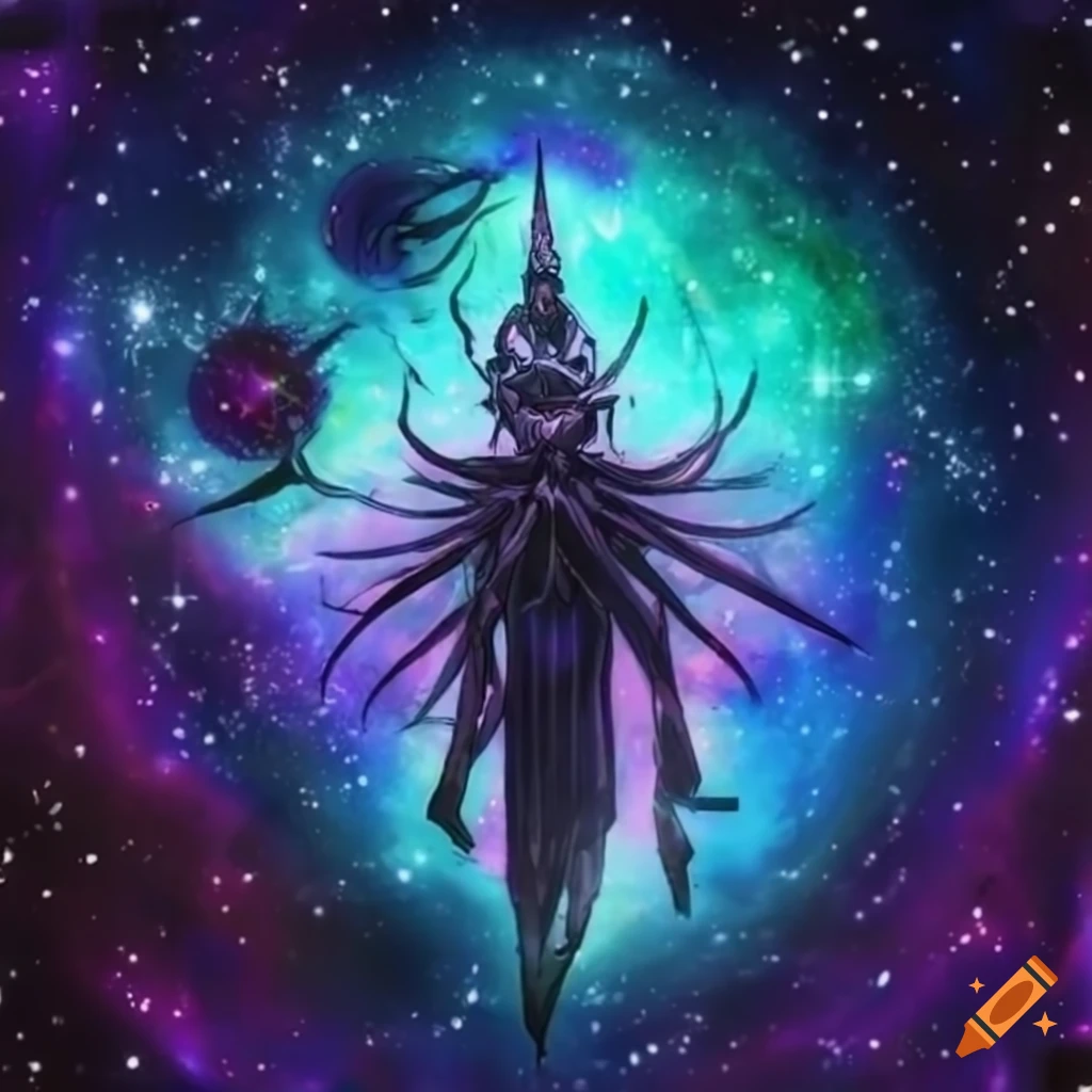 A small dark themed mystical being with a galaxy background Yu-Gi-Oh style